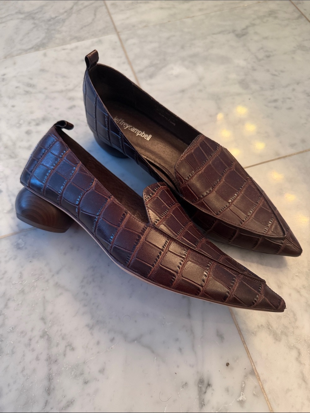 Jeffrey Campbell Dark Brown Croc-Embossed Pointed Toe Low Block Heel Loafers